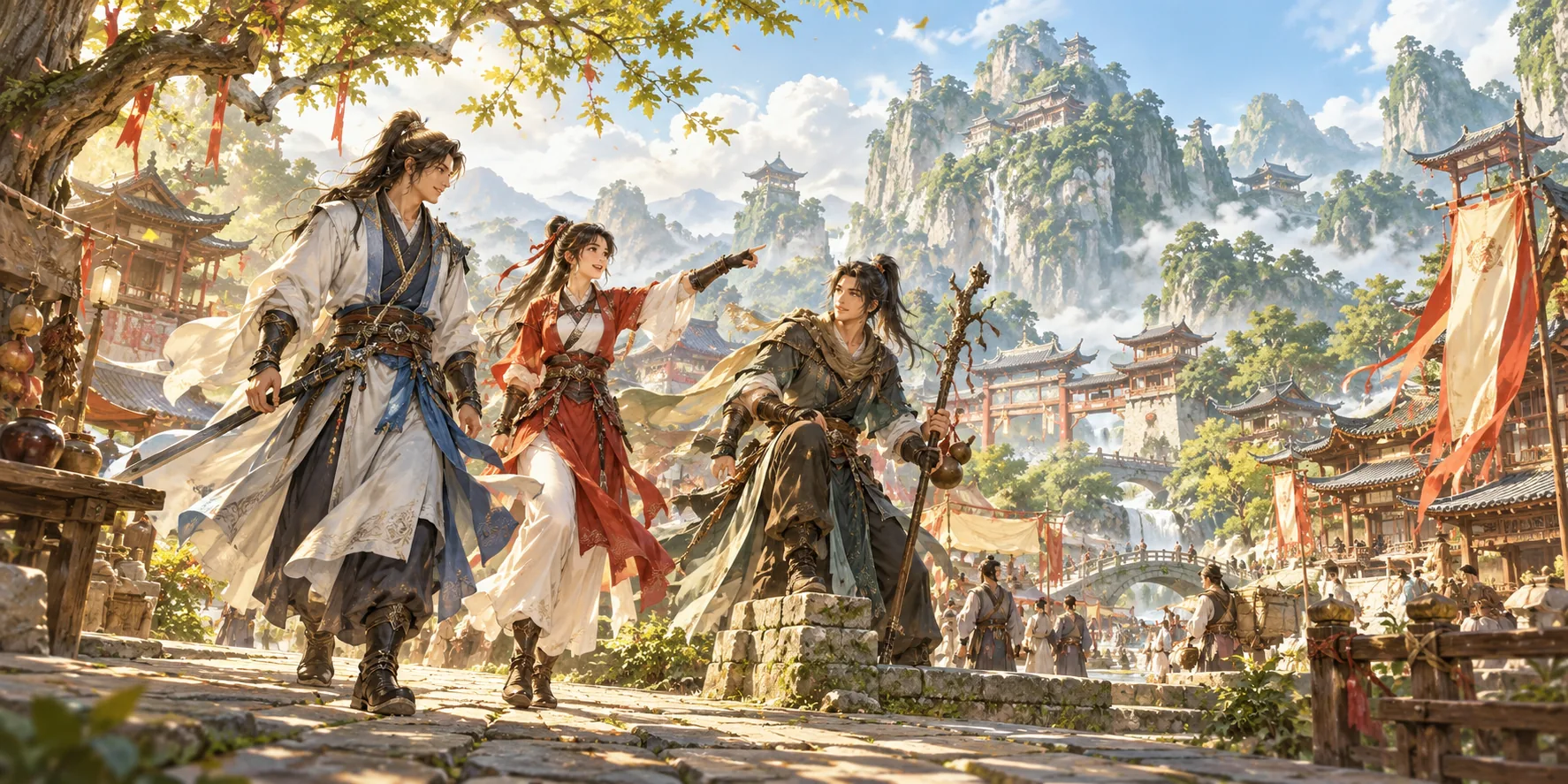 三位江湖少侠在明亮的山城街巷结伴前行